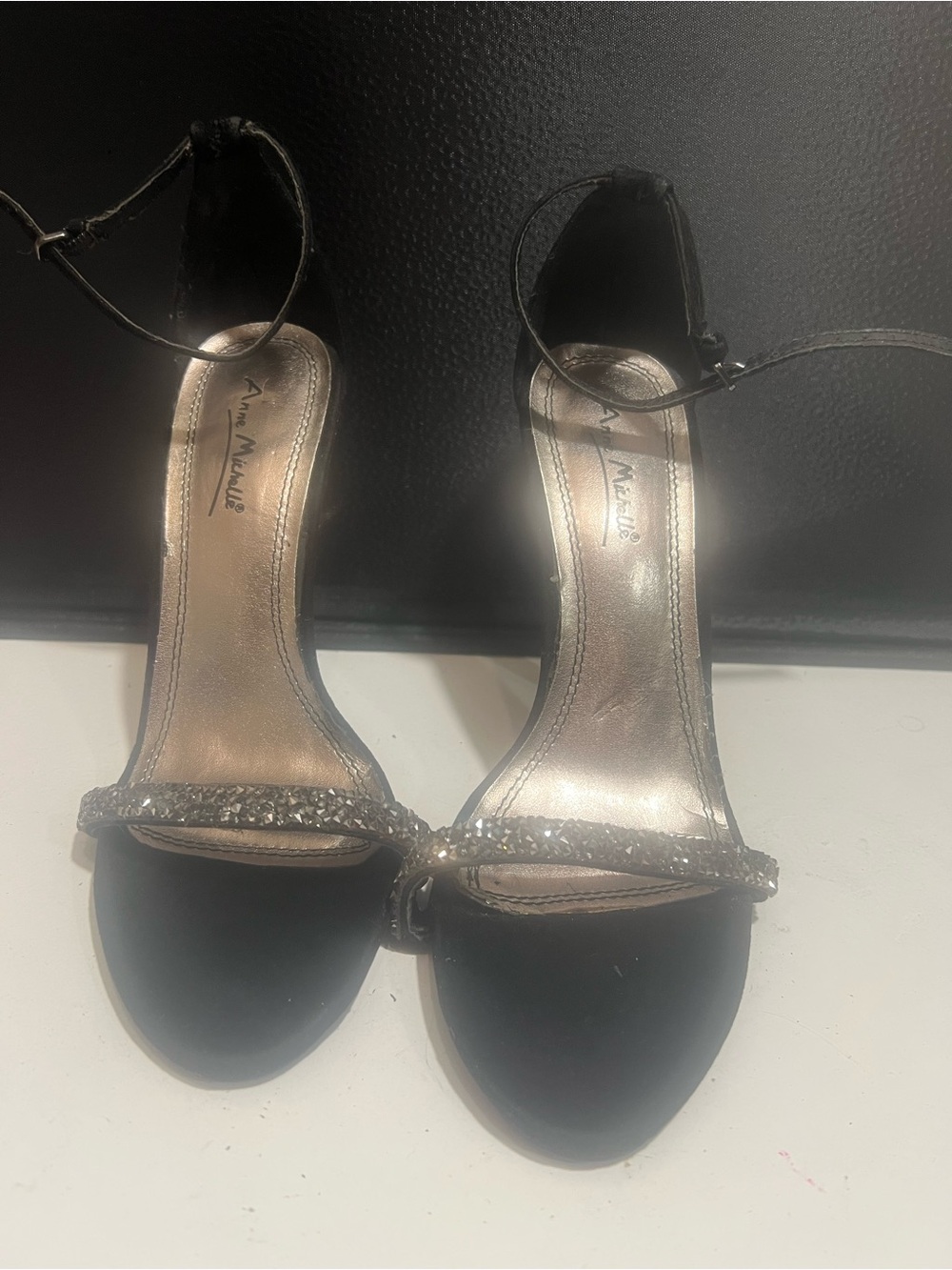 Anne Michelle Black Ankle-Strap Heels with Sparkle Front Strap